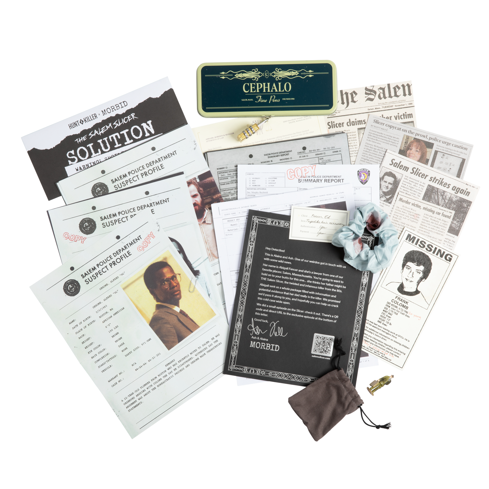 The full spread of evidence inside a Hunt A Killer case